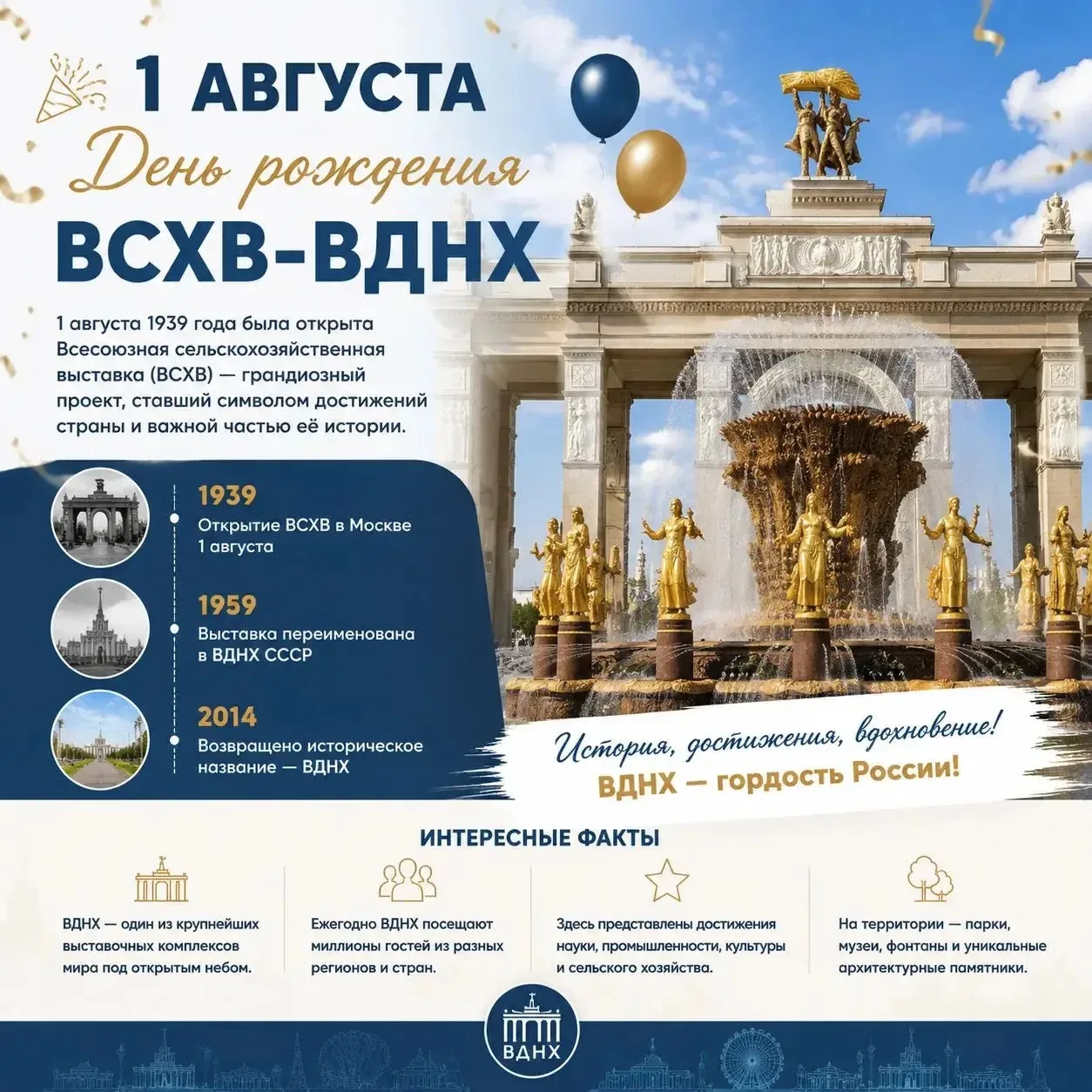 🌟1 августа ВДНХ отмечает свой день рождения. Именно в этот день, но в далеком 1939 год...