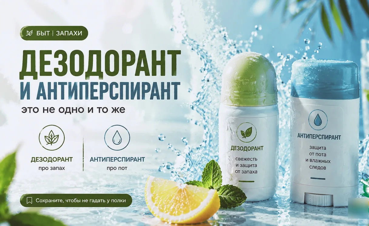 Дезодорант и антиперспирант — разные инструменты для борьбы с одной проблемой. 

Многие путают дезод