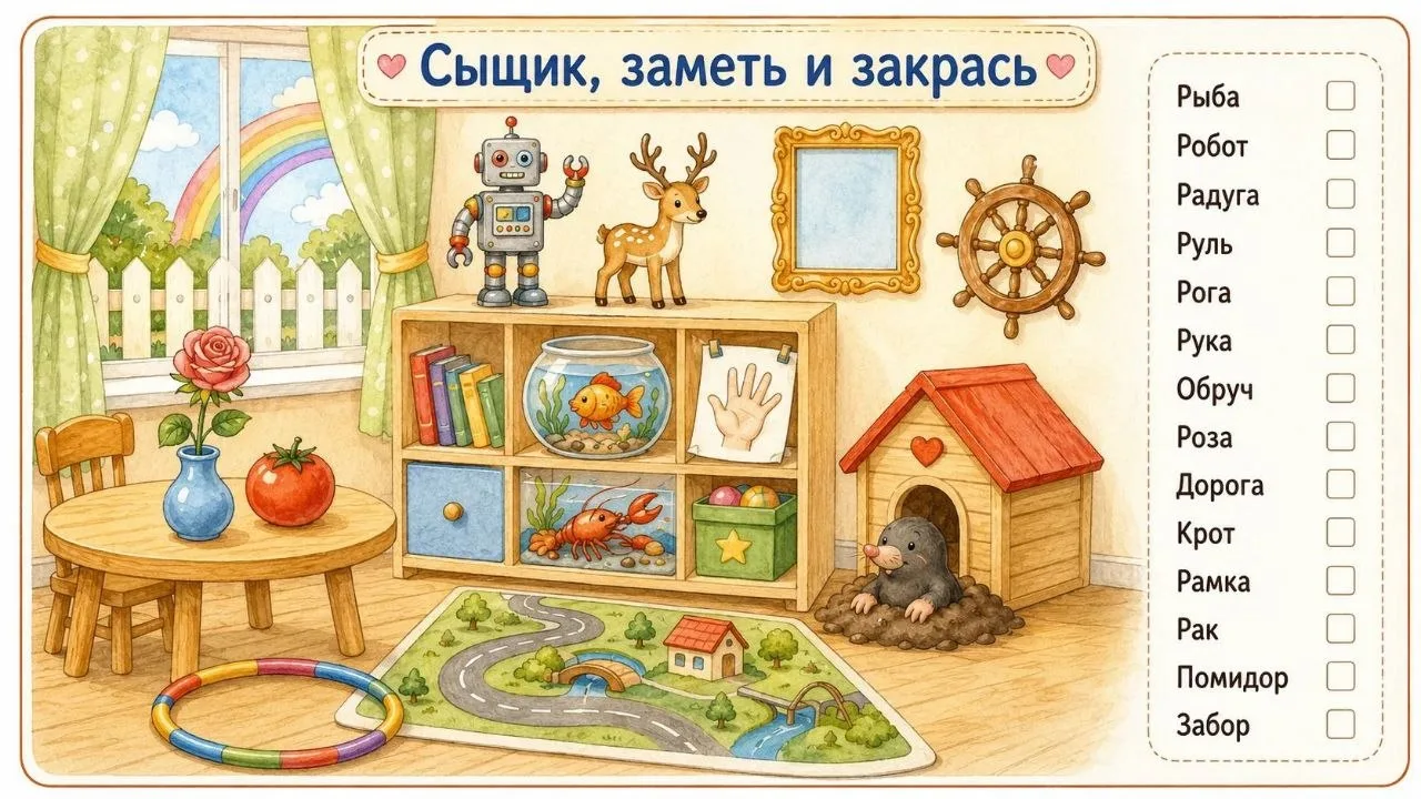 ☀️  Найди и раскрась.

Распечатайте листы, предложите ребёнку поиграть в сыщика.

Развиваем внимание