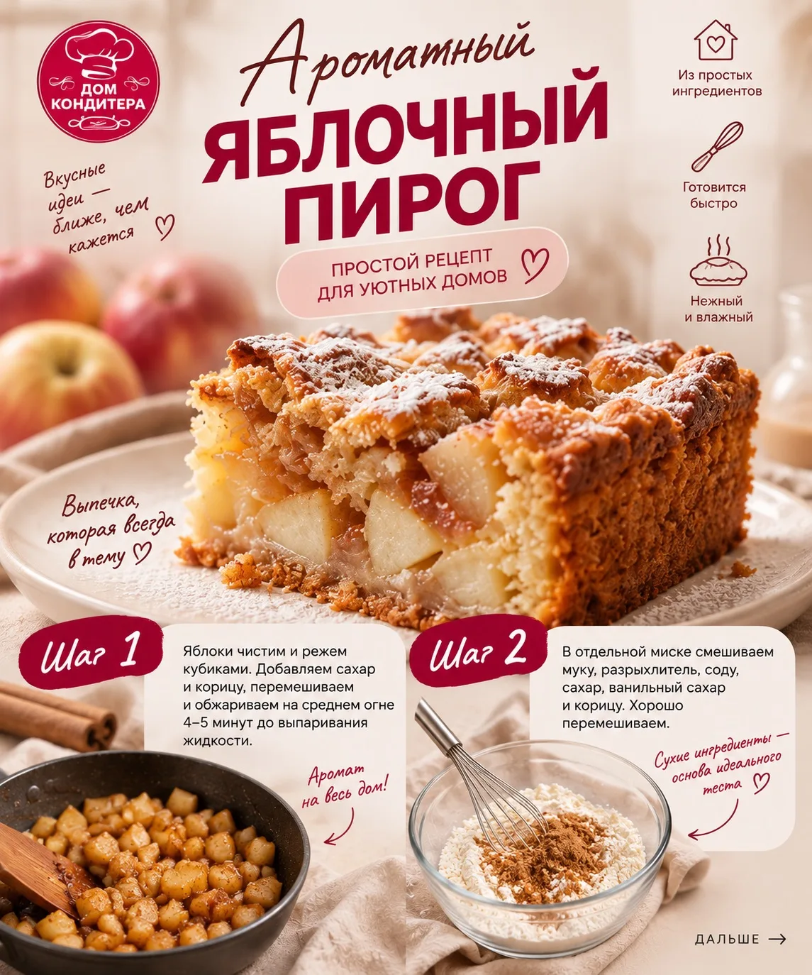 🍎Сохраняйте рецепт ароматного яблочного пирога — нежного, влажного, с карамельными ябл...