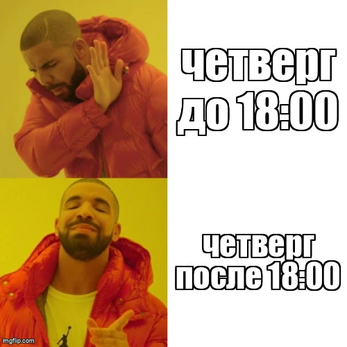 Четверг после 18:00

17:59 — ещё четверг, рабочий день, надо сосредоточиться.

18:00 — всё, пятница 