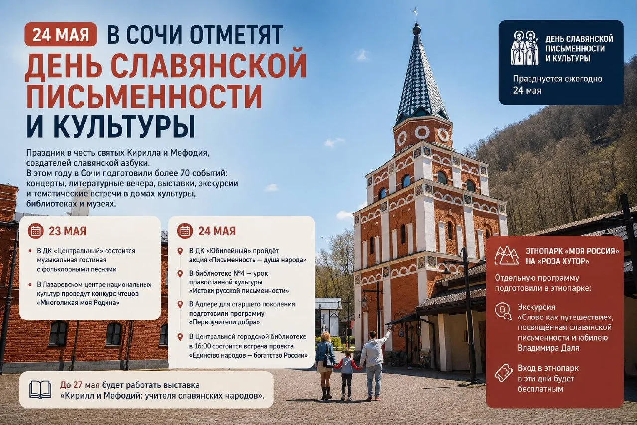 📚В Сочи отметят День славянской письменности и культуры

24 мая на курорте пройдут десятки мероприя