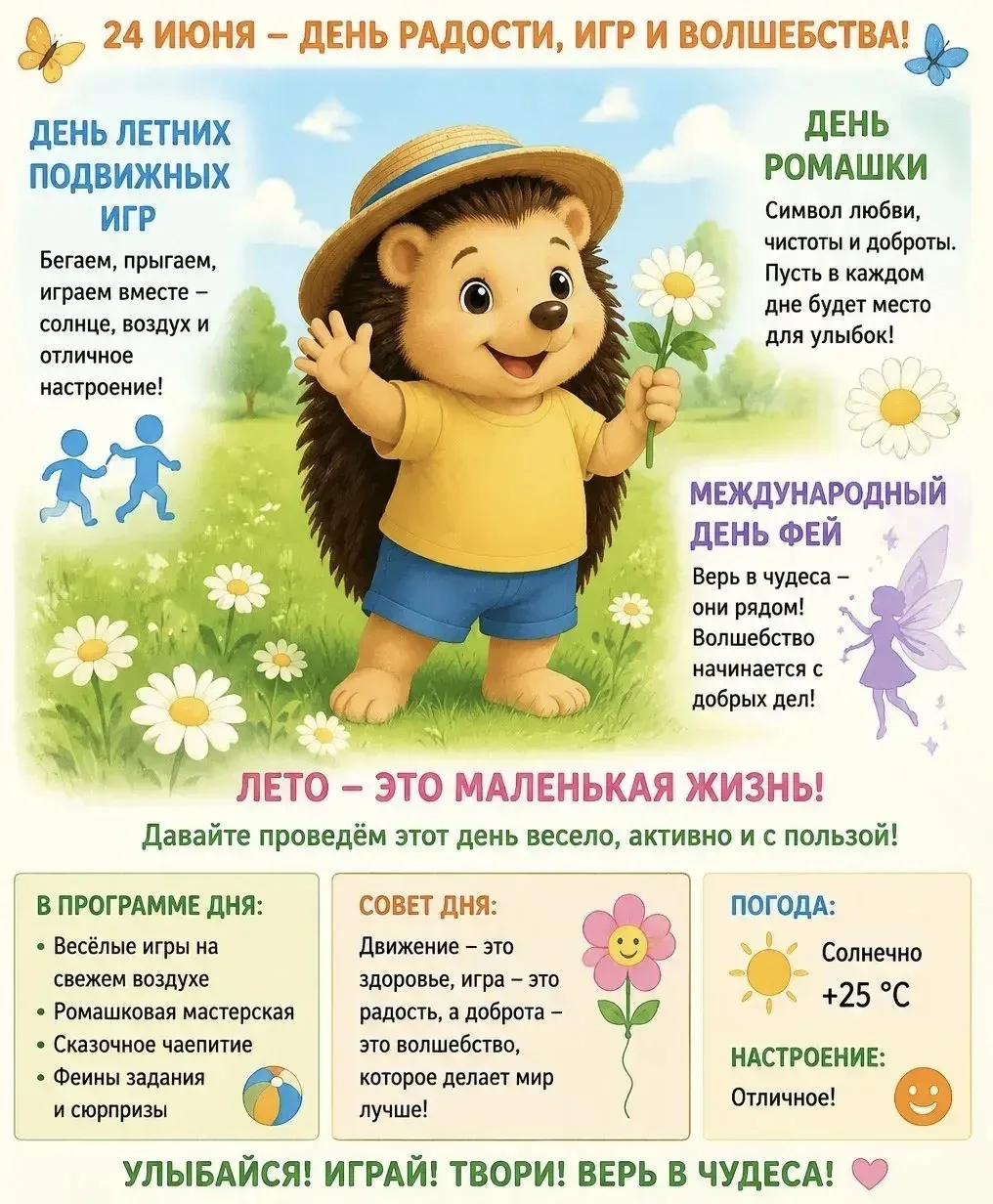 Сегодня не просто день, а тройной праздник: День ромашек, День подвижных игр и День фей! 🧚‍♀️

Пред