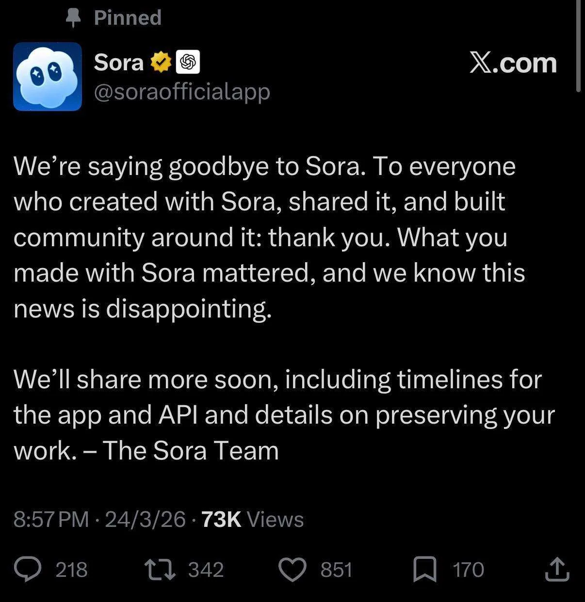 OpenAI объявила о закрытии своего видеогенератора Sora. В ближайшее время перестанут ра...