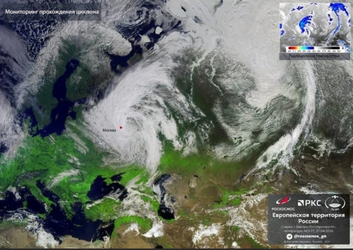 Спутники Роскосмоса «Электро‑Л» и «Арктика‑М» запечатлели циклон, принёсший апрельские ...