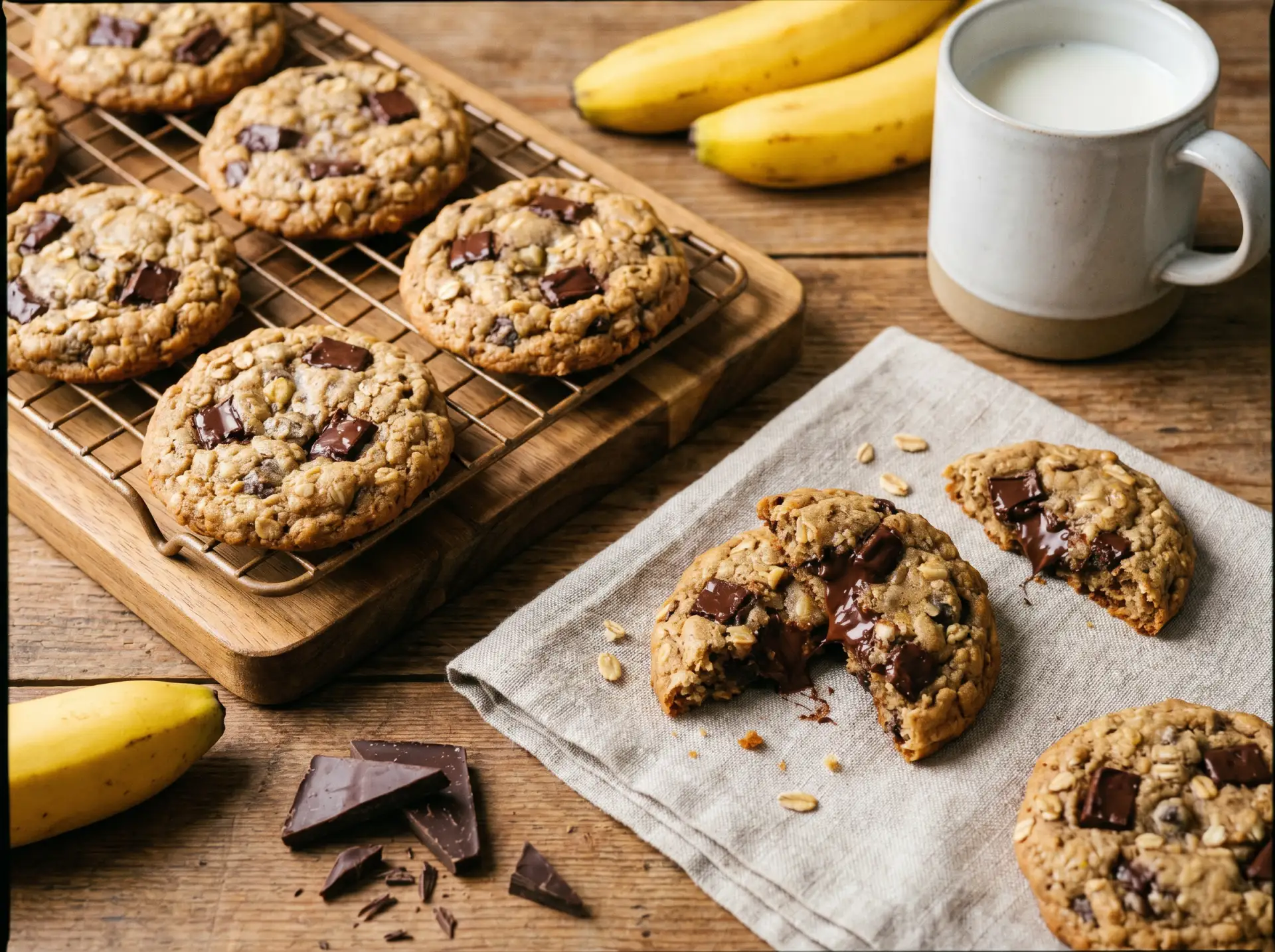 Банановое печенье с шоколадом 🍌🍫

Ингредиенты: 
- Бананы 🍌 — 2 шт. (250 г);  
- Сахар 🧂 — 100 г;