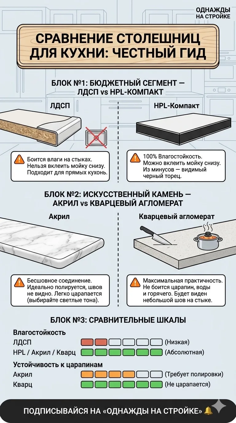 🍳 Как выбрать столешницу для кухни и не пожалеть? Честный разбор за 1 минуту
