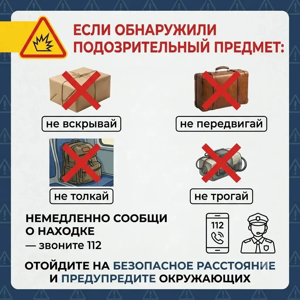 ⚠️ Будьте бдительны!

Взрывные устройства могут выглядеть как обычные вещи. Любой бесхозный предме