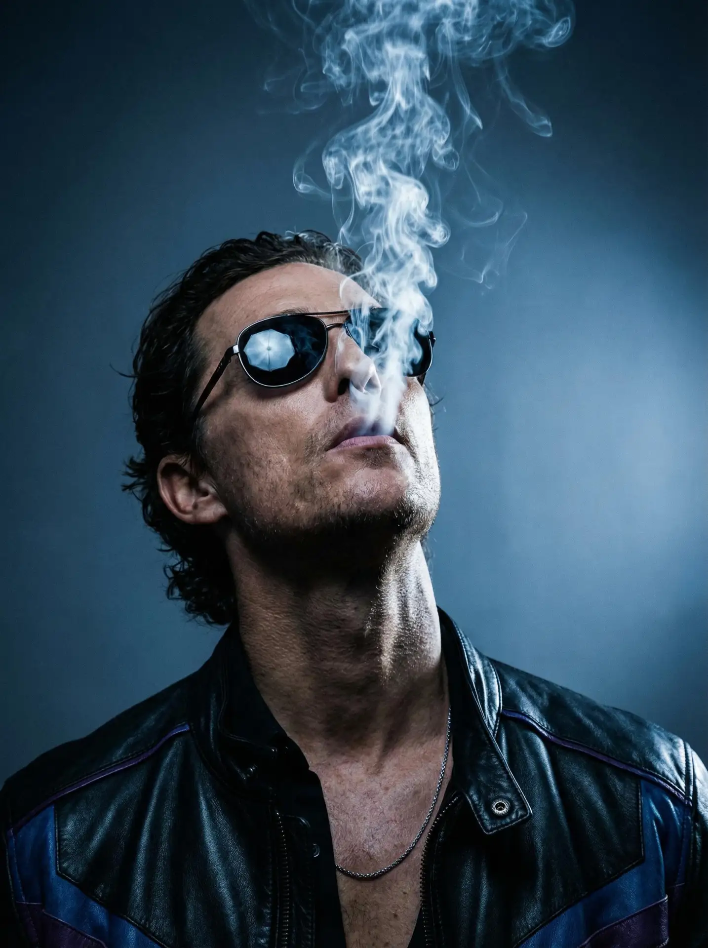 🖼 Man wearing sunglasses exhales a stream of smoke
