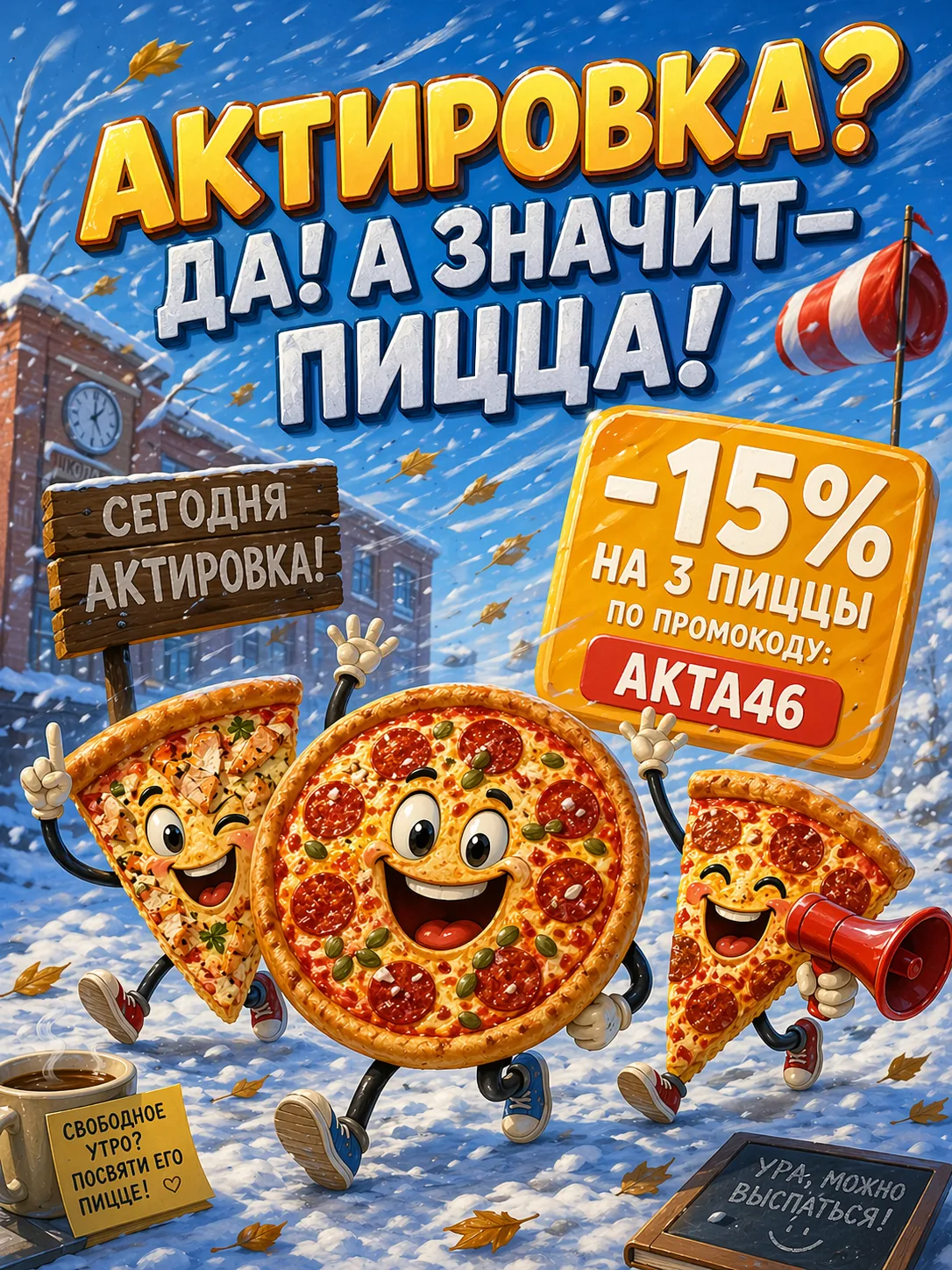 Как я и обещал, актировка случилась, значит скидка на наши пиццы-новинки: Яптунэ, Синиц...