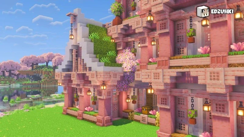 Дом выживания в розовой вишнёвой эстетике уже выглядит очень мило 🍒🎮 А крышу ещё и покрыли мхом 😳