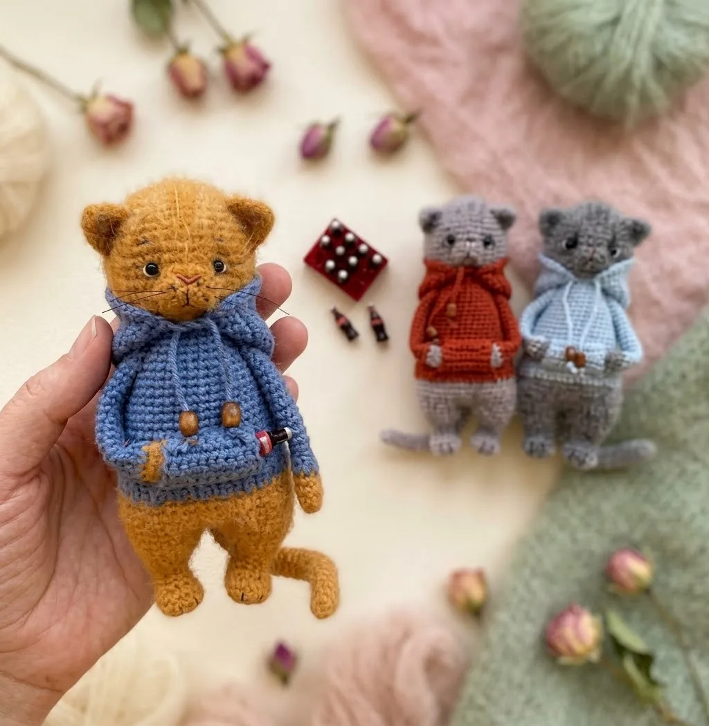 Девочки, котик в худи - хулиган ещё тот! 🐱🧥 Помещается прямо на ладони.