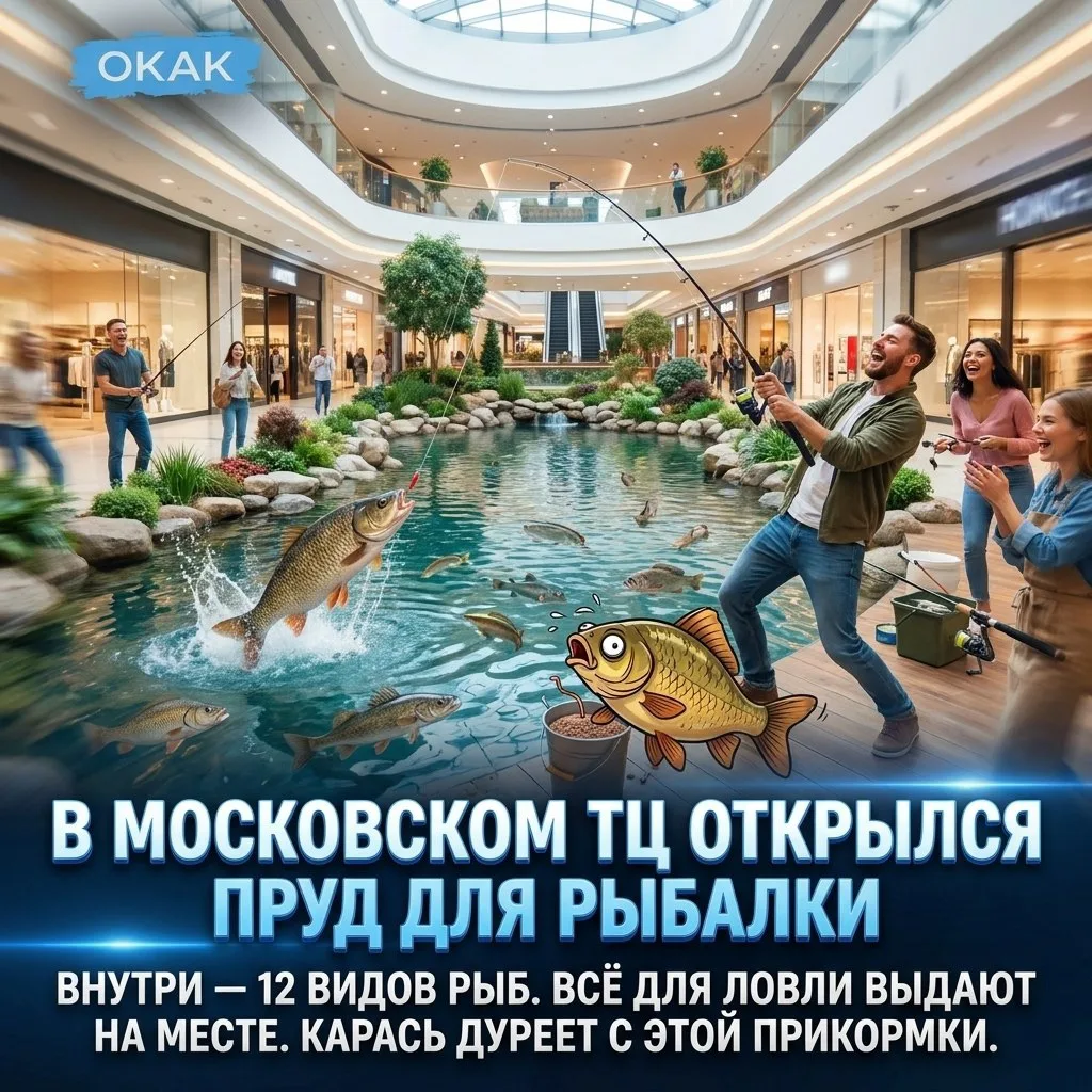 🎣  В московском ТЦ появится пруд для живой рыбалки. Внутри — 12 видов рыб, всё для лов...