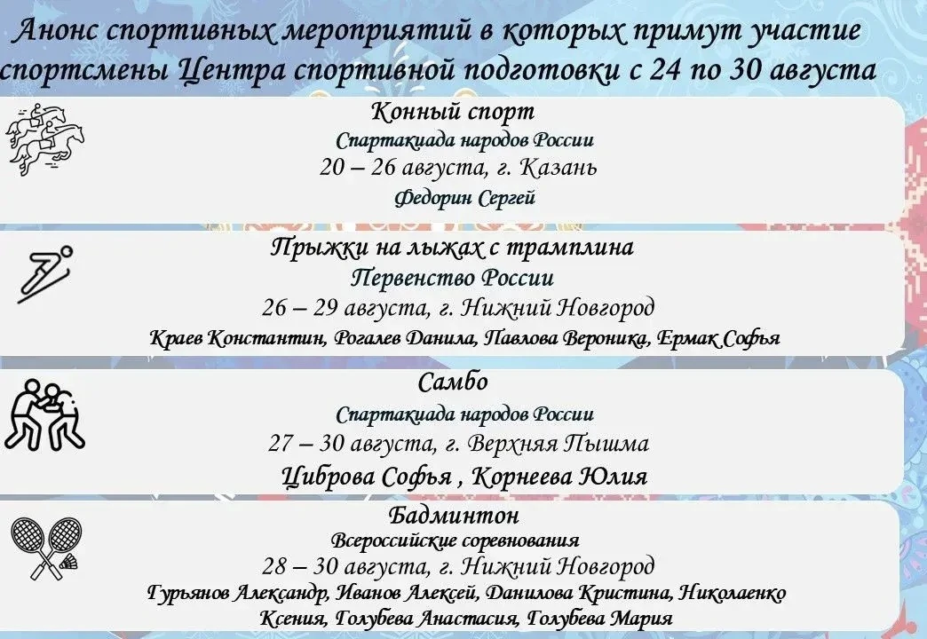 Анонс спортивных мероприятий, в которых примут участие спортсмены Центра спортивной под...