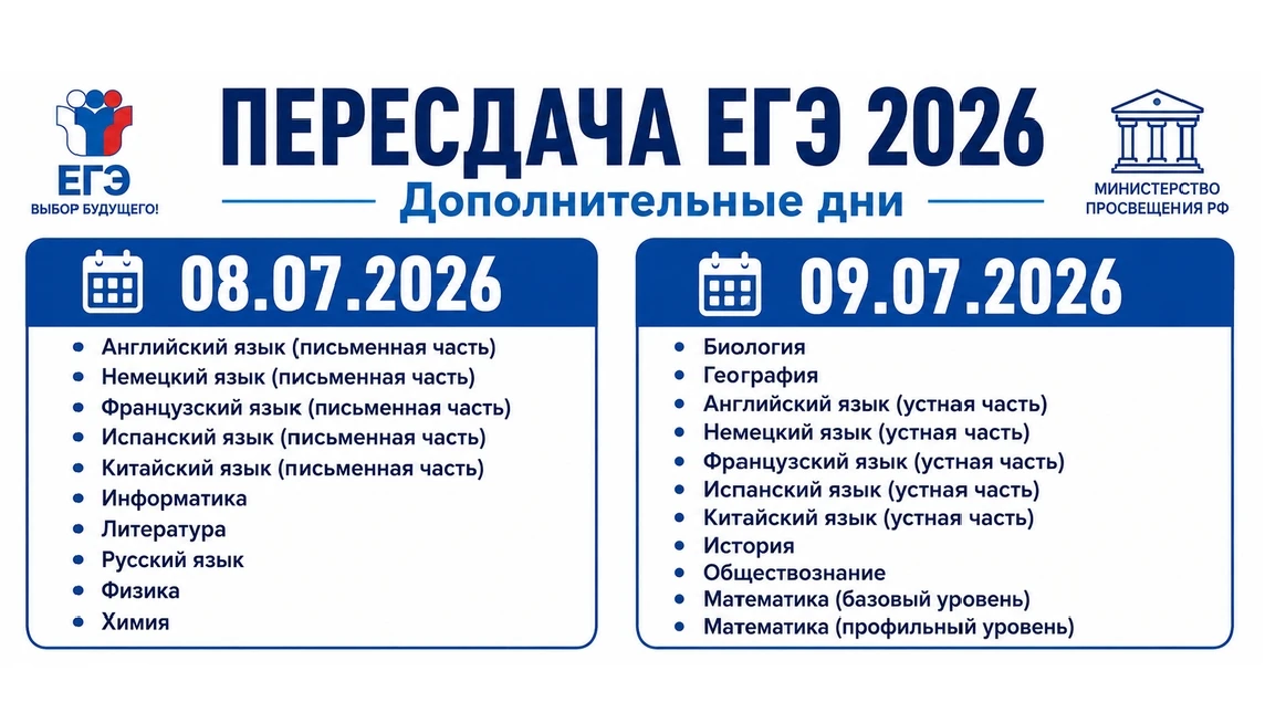 Дополнительные дни для пересдачи ЕГЭ в 2026 году

📌Выпускники текущего года могут по своему желанию