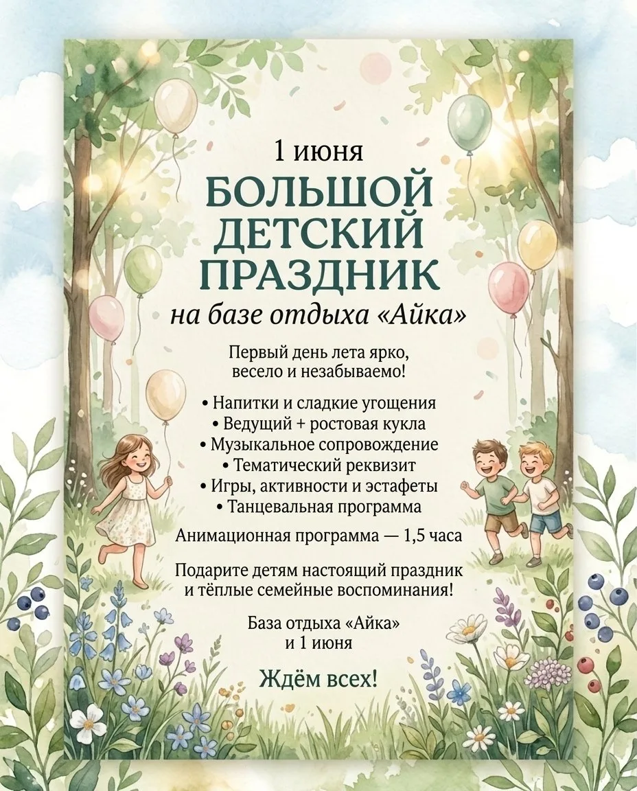 🎉 1 июня — большой детский праздник на базе отдыха «Айка»! 🎉

Приглашаем маленьких гостей и их род