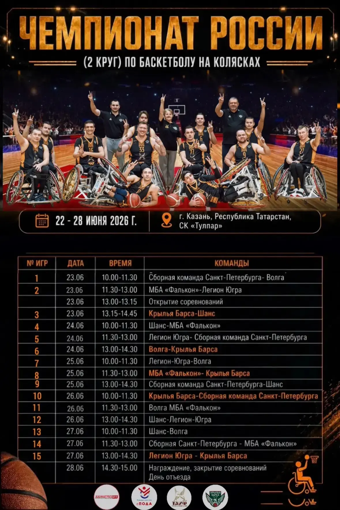 Сильнейшие команды по баскетболу на колясках – в Казани 🏀🏆

С 23 по 27 июня в СК «Тулпар» пройдет 