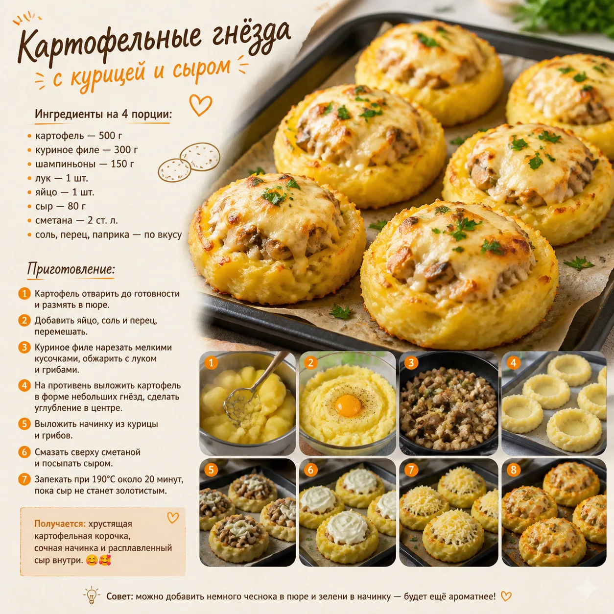 🥔 Картофельные гнёзда с курицей и сыром
