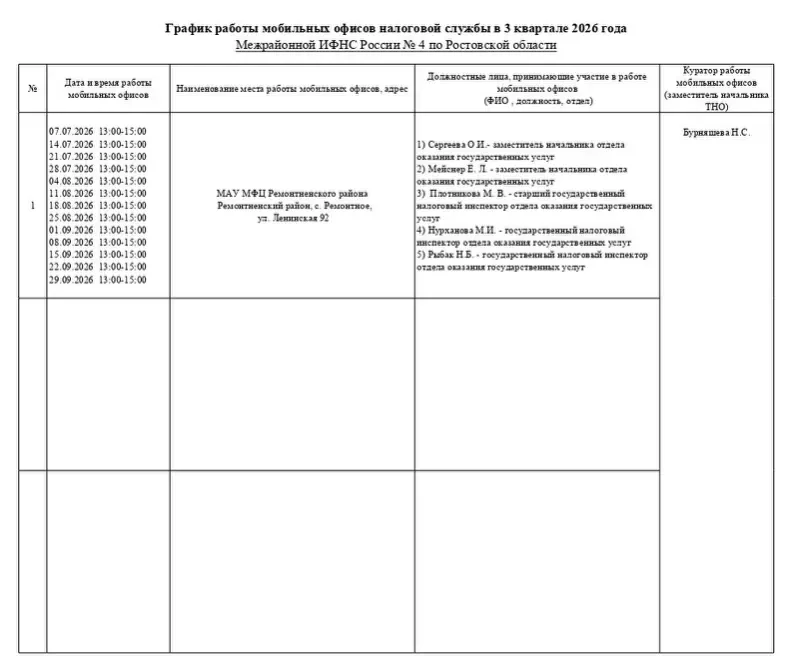 ❗️График работы мобильных офисов налоговой службы.  #Ремонтненскийрайон #АдминистрацияРемонтненского