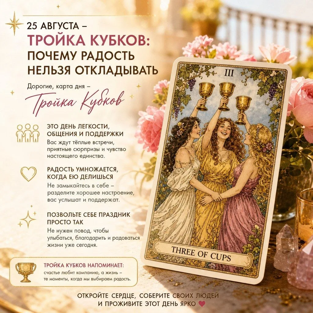 25 АВГУСТА – ТРОЙКА КУБКОВ: ПОЧЕМУ РАДОСТЬ НЕЛЬЗЯ ОТКЛАДЫВАТЬ