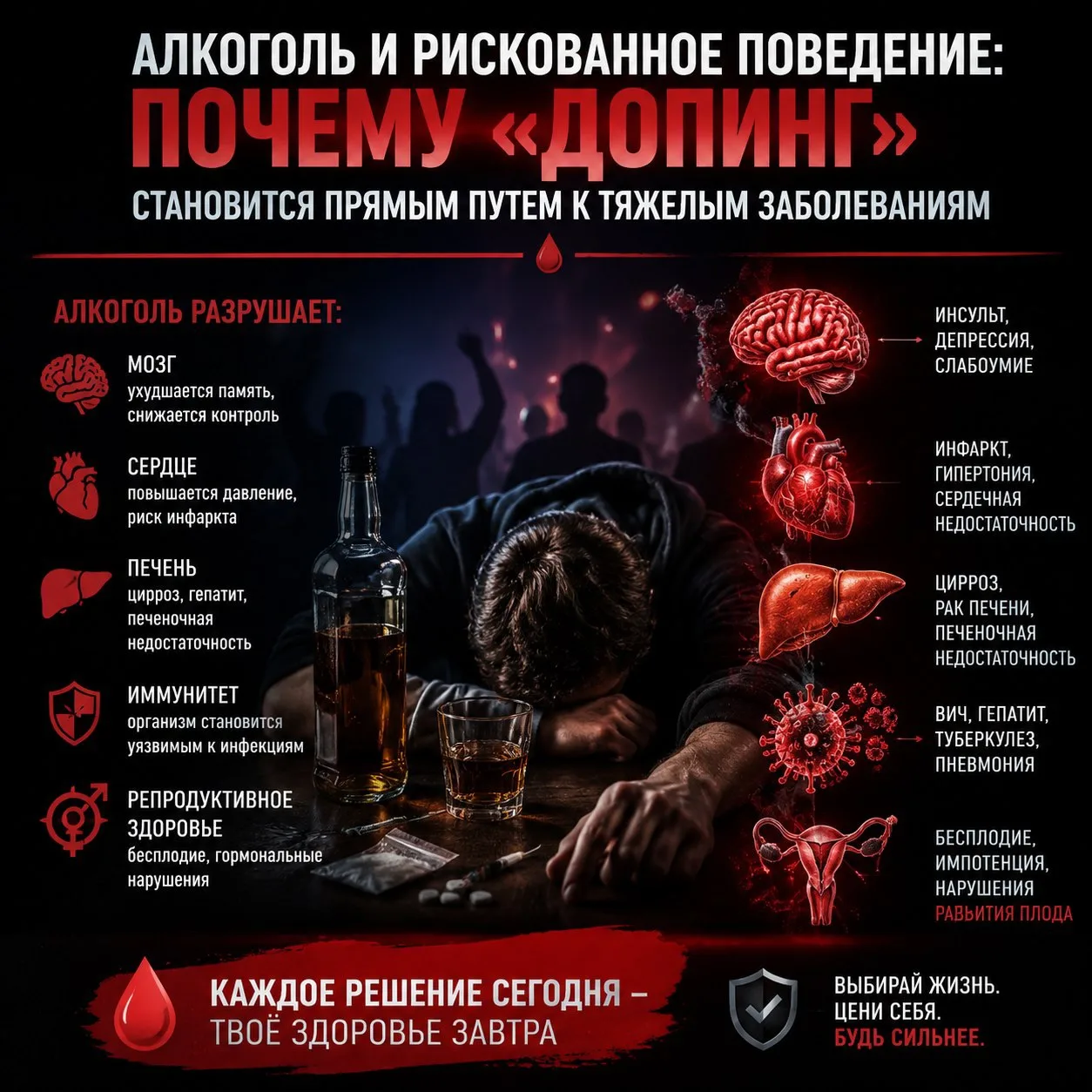 Алкоголь и рискованное поведение: почему «допинг» становится прямым путем к тяжелым заболеваниям 🩸
