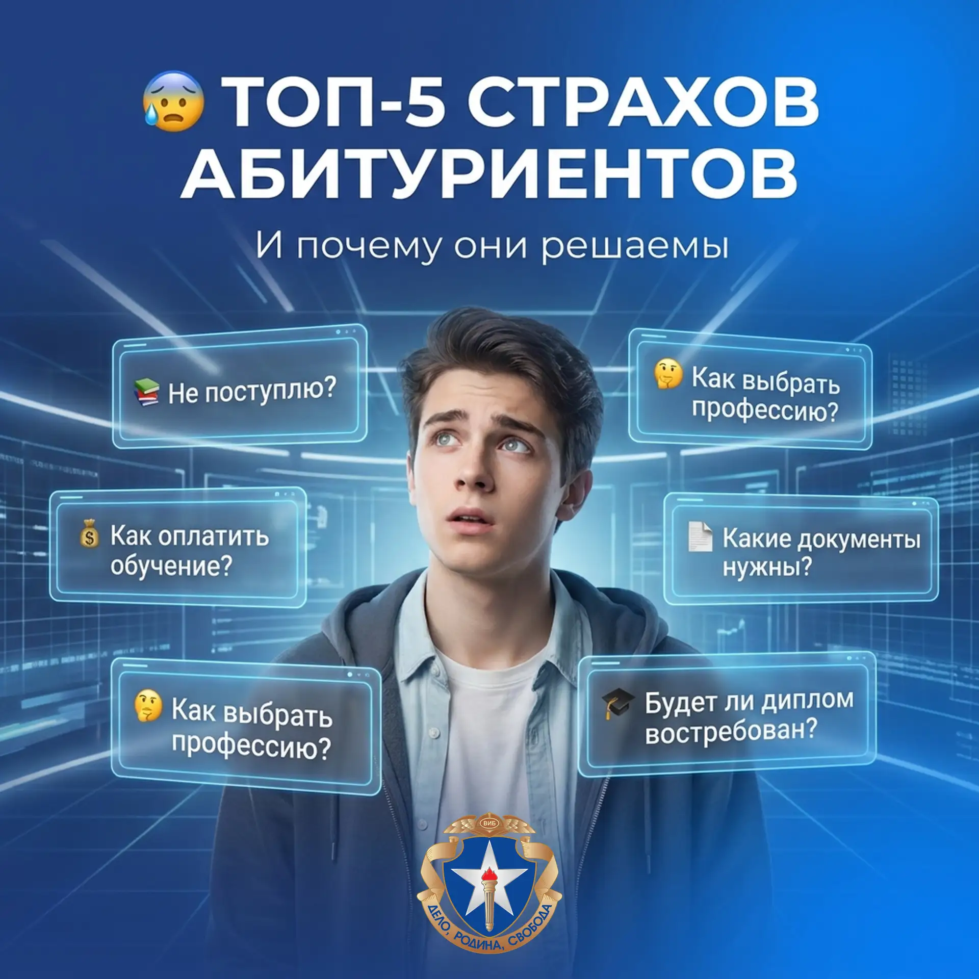 ТОП-5 страхов абитуриентов

🌟 Кажется, что поступление — это сложно?

Если сейчас в голове десятки 