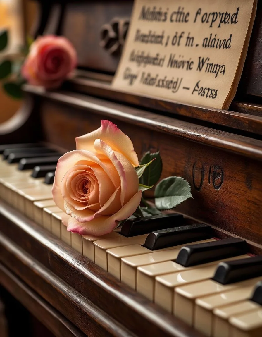 A tea-colored rose on an old piano, with its petals gently resting between the keys, creating a roma