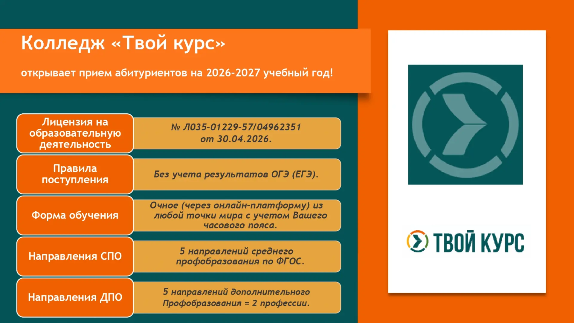 Колледж «ТВОЙ КУРС» приглашает на обучение в 2026-2027 учебном году