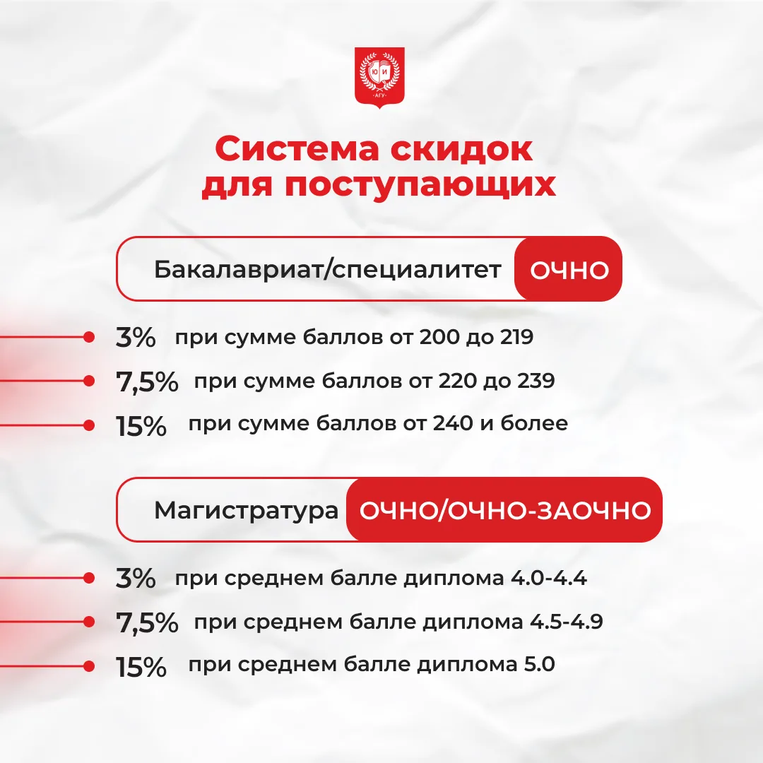 В Алтайском государственном университете действует система скидок для поступающих.