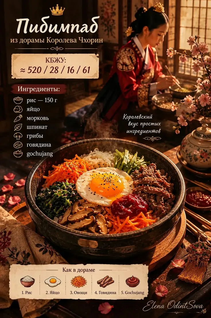 Бибимбап из дорамы «Королева Чхорин» 🍚👑 

Тот самый бибимбап, который героиня ела с таким аппетито