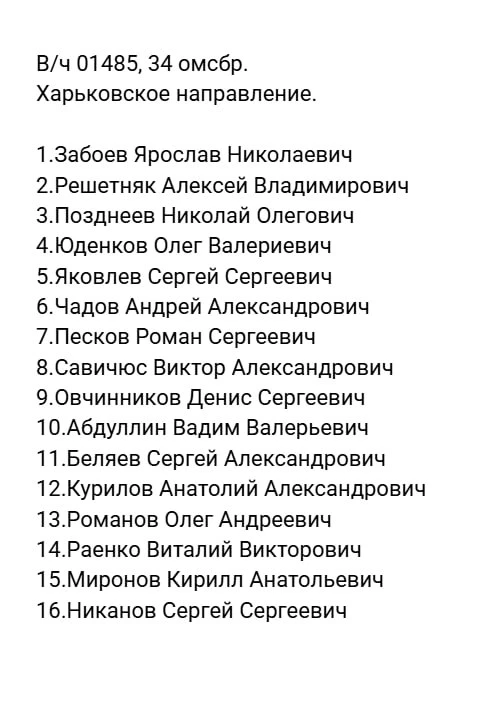 Список БП (в/ч 01485) 34 омсбр. Харьковское направление.