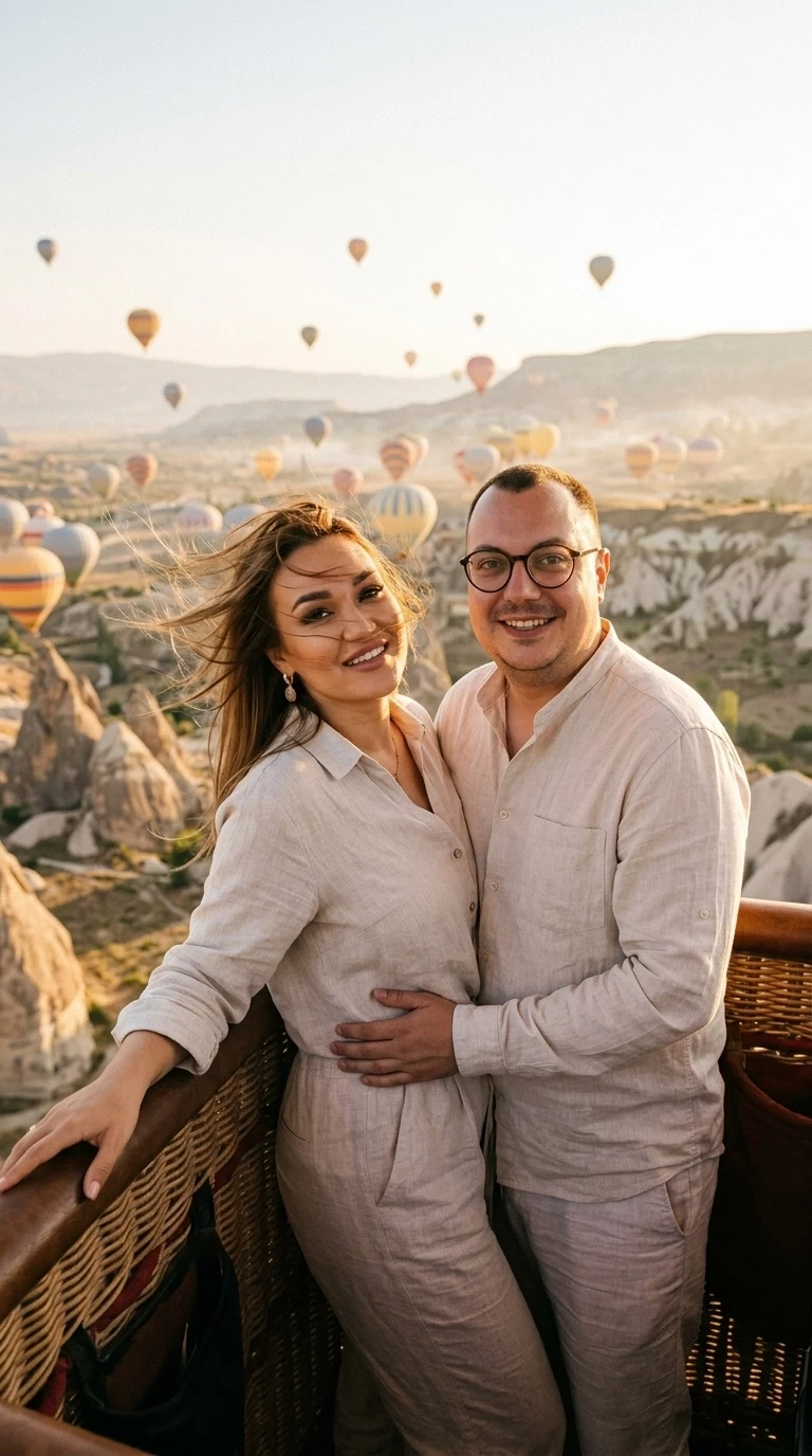 Ultra realistic cinematic travel photography of a young couple flying in a hot air ball...