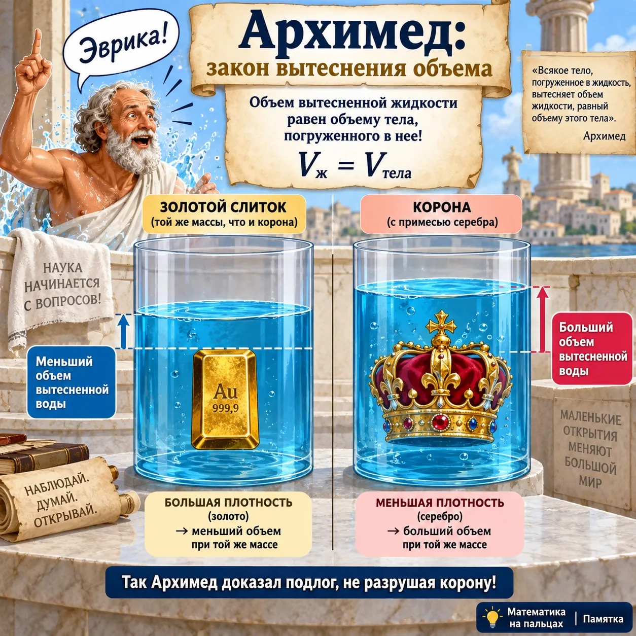 👨‍🏫 #МатематикаВЛицах | Архимед и крик «Эврика!»: как ванна разоблачила ювелира