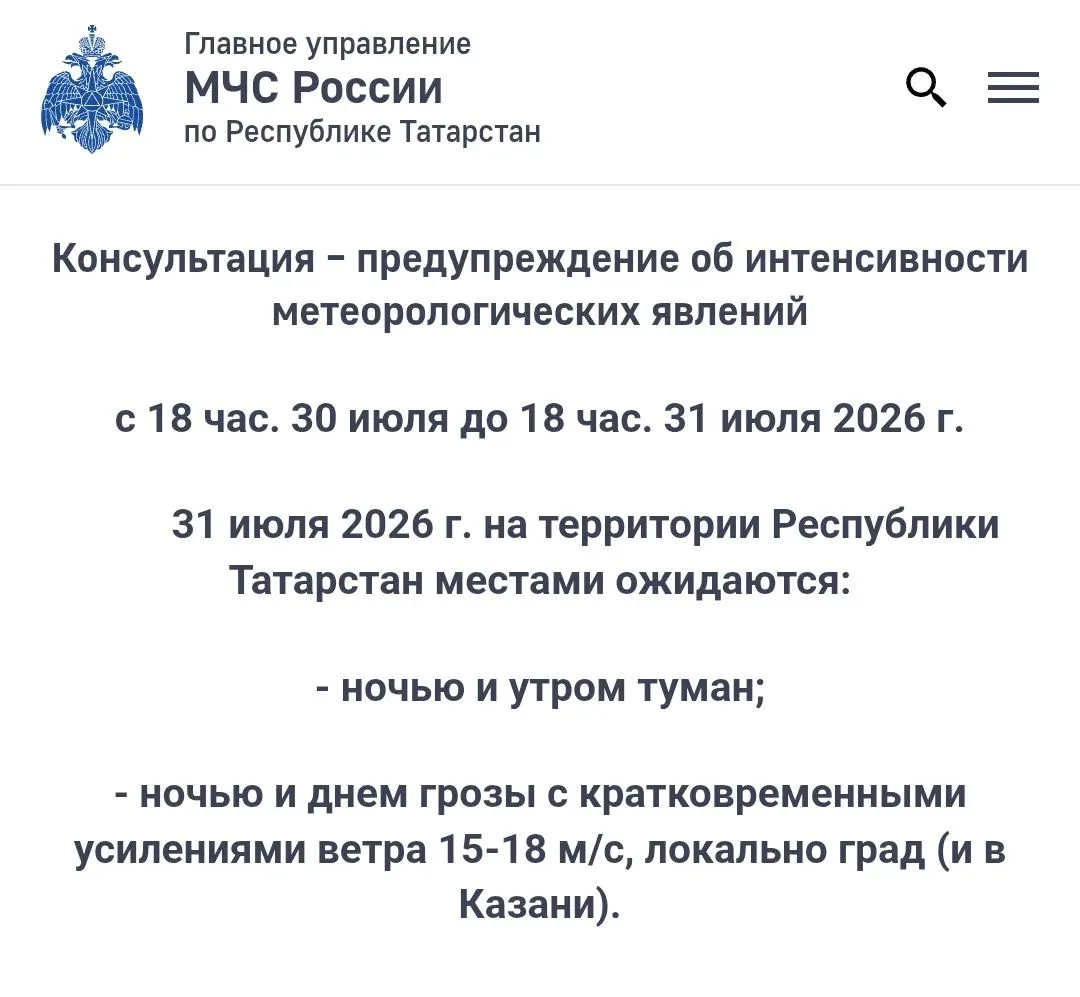 ⛈️ МЧС предупреждает: Завтра в Татарстане местами ожидаются грозы с усилениями ветра до 18 м/с, тума