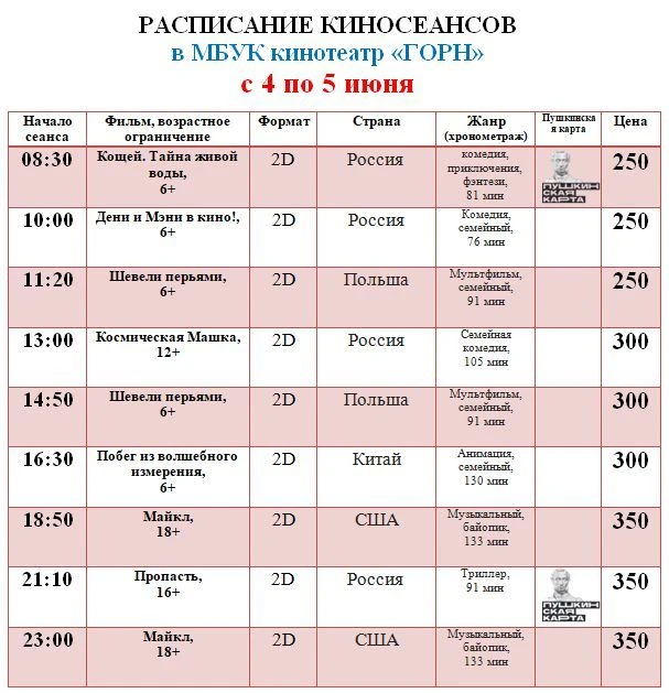 РАСПИСАНИЕ киносеансов 🎬🎬🎬