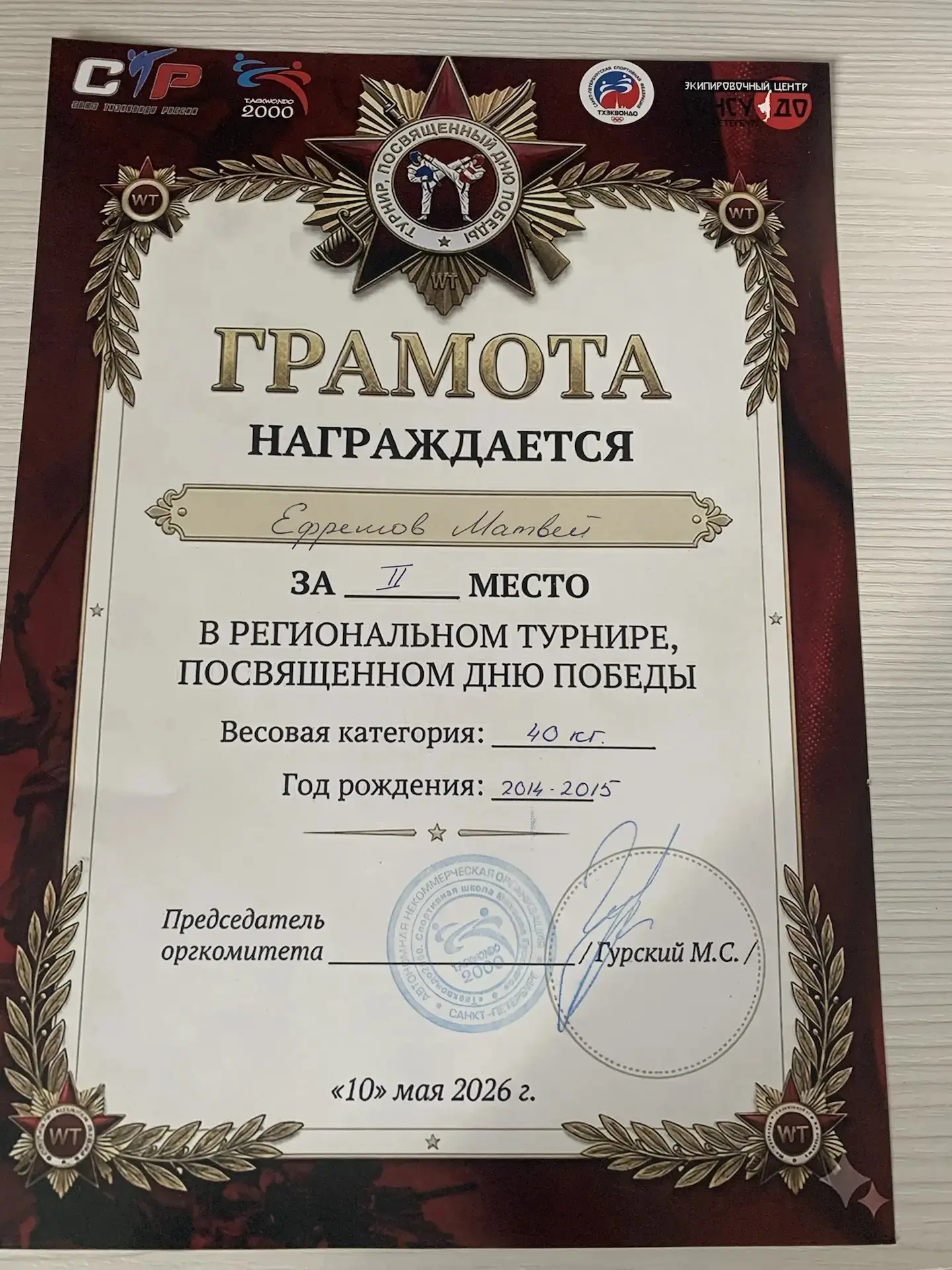 Ефремов Матвей, ученик 3"А" класса стал серебряным призером регионального турнира по тхэквондо, посв