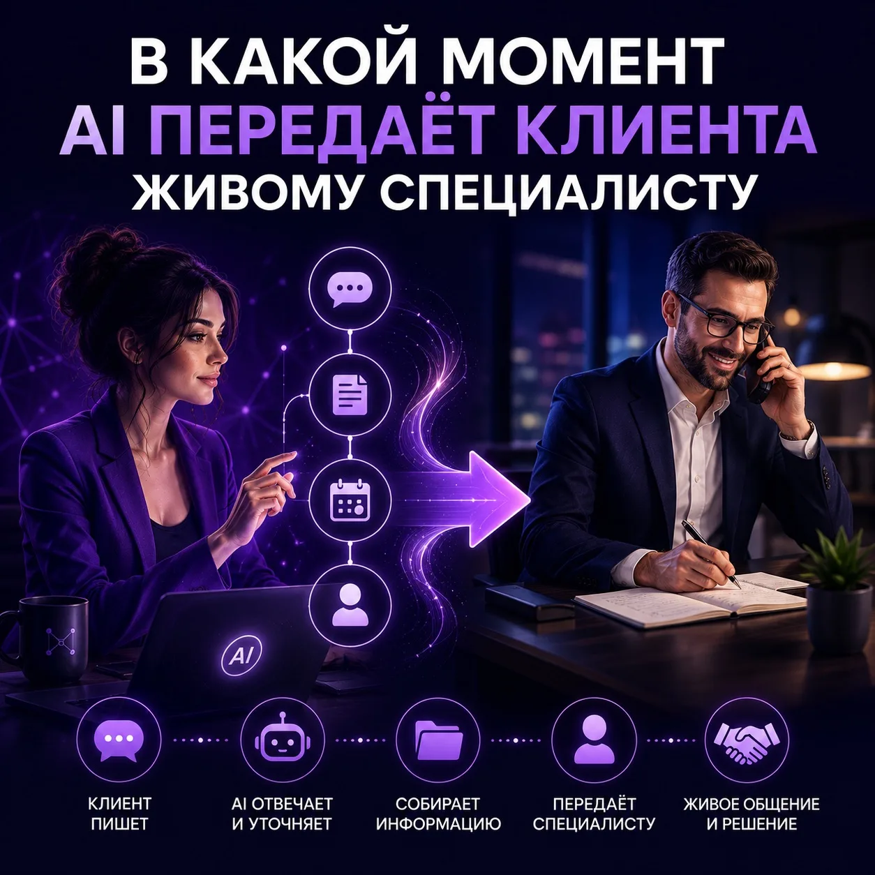 В какой момент AI передаёт клиента живому специалисту

Один из самых распространённых страхов предпр