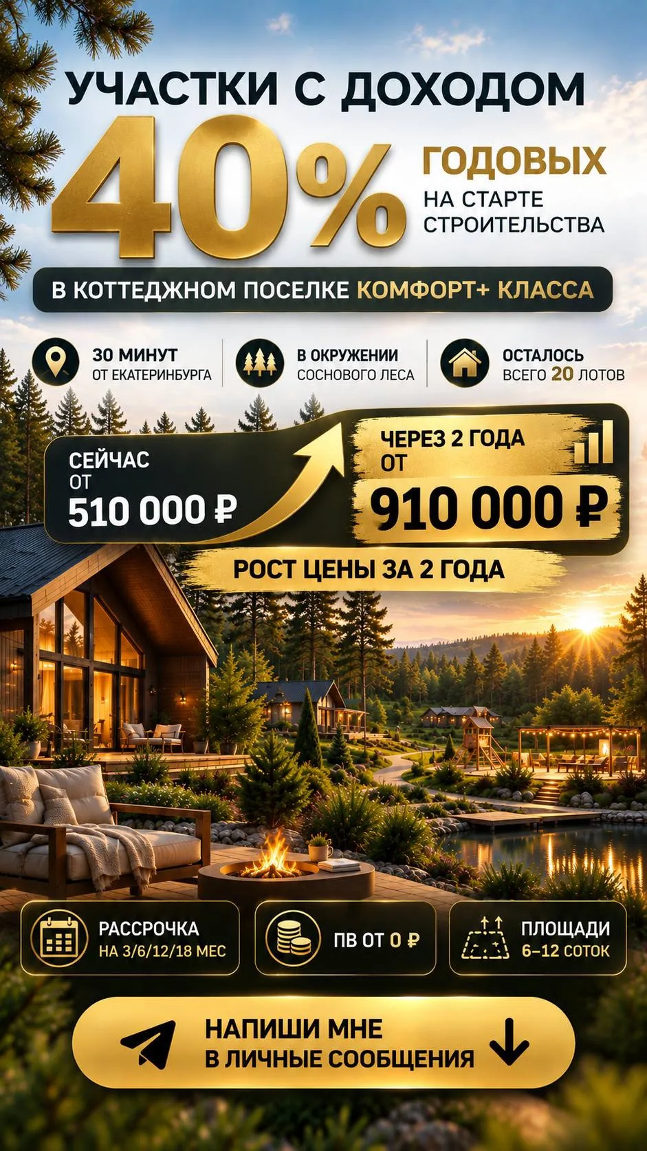 🚀Участки с доходом 40% годовых на старте строительства в коттеджном поселке комфорт+ к...