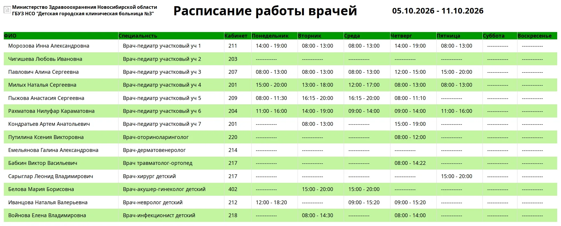 💞Расписание работы врачей поликлиники на 05.10-11.10.2026г.💞