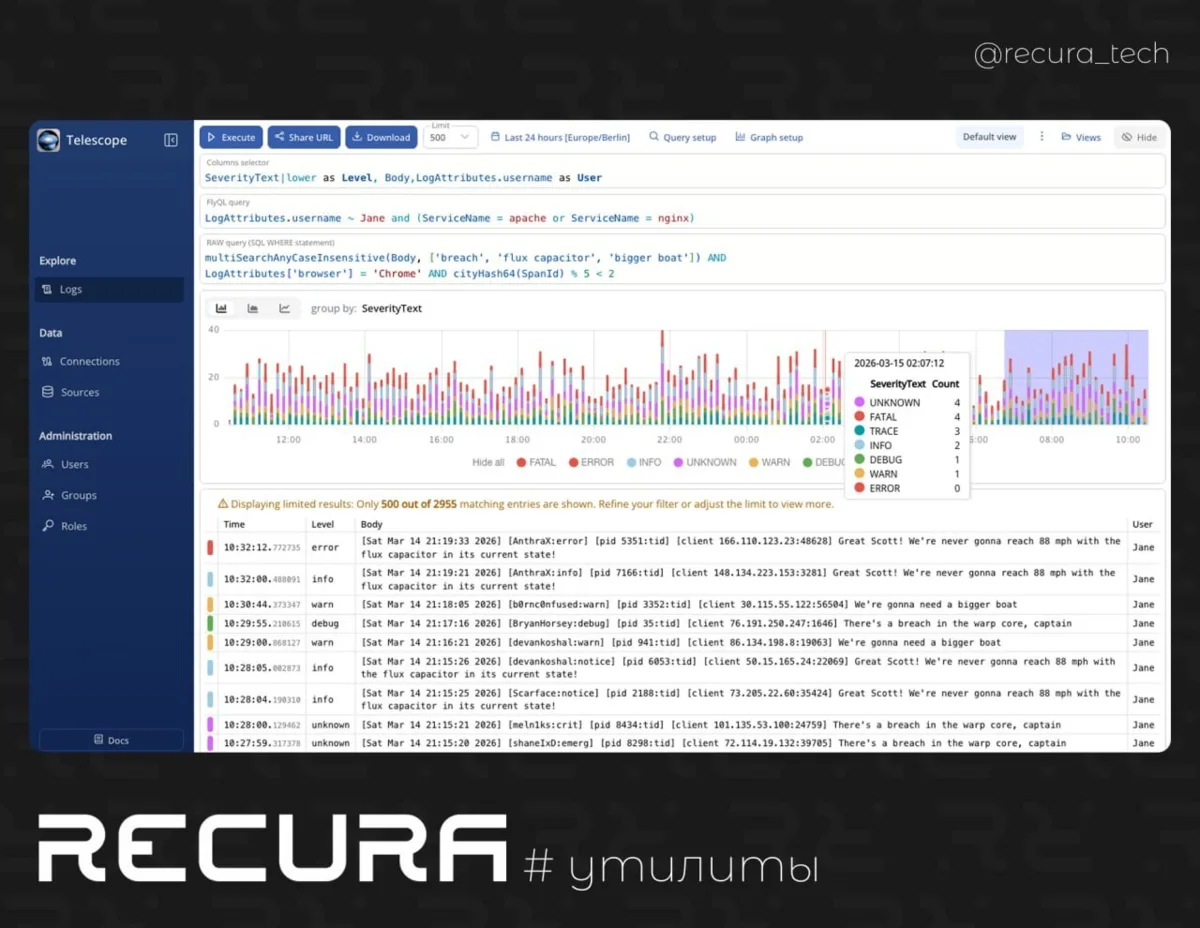 📊 Telescope

👁️ Веб-интерфейс для централизованного анализа логов из ClickHouse, StarRocks, Dock
