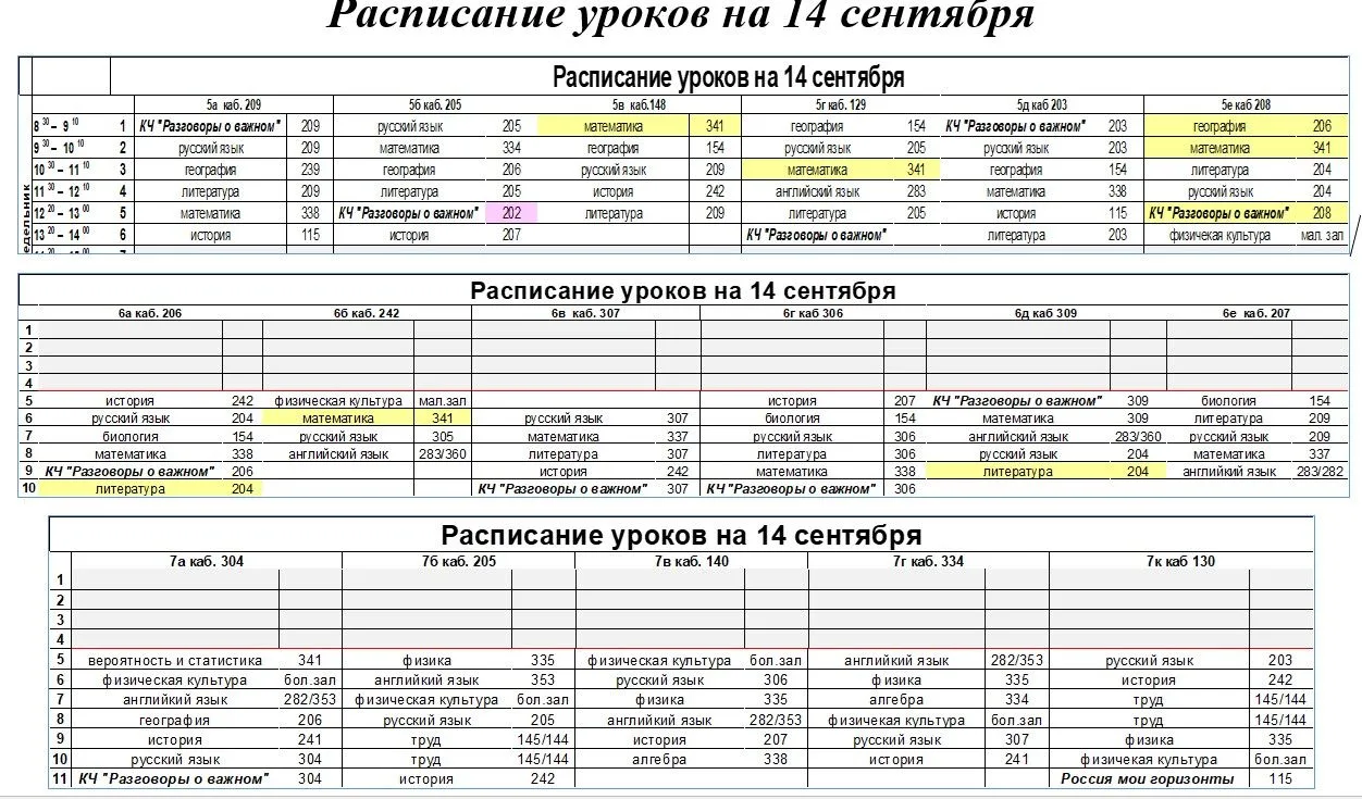 Доброе утро, расписание уроков основной школы на 14 сентября