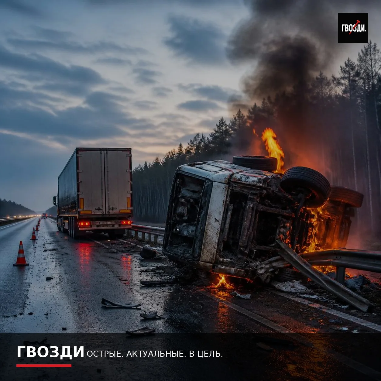 На М-8 в Пушкине грузовик перевернулся и загорелся после столкновения с фурой