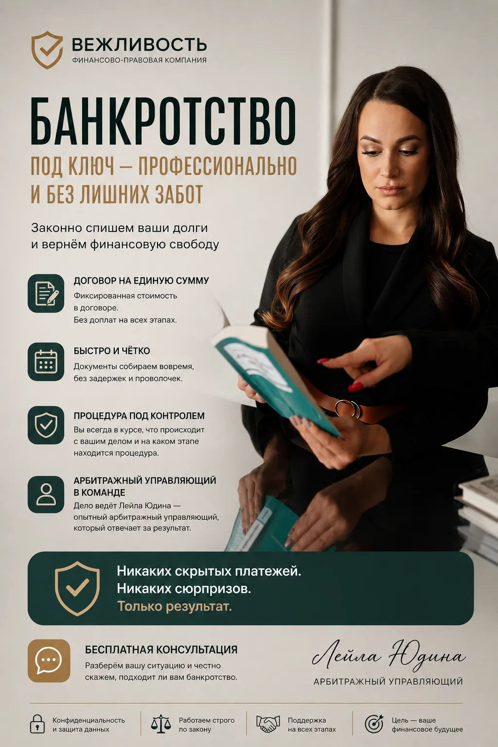 ⚖️ БАНКРОТСТВО БЕЗ СЮРПРИЗОВ И ДОПЛАТ

К сожалению, многие люди приходят к нам уже после неудачного 