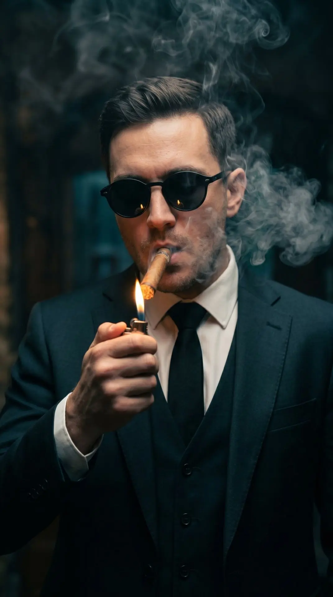 A cinematic portrait of a man wearing a dark, elegant three-piece suit with a white shirt and black 