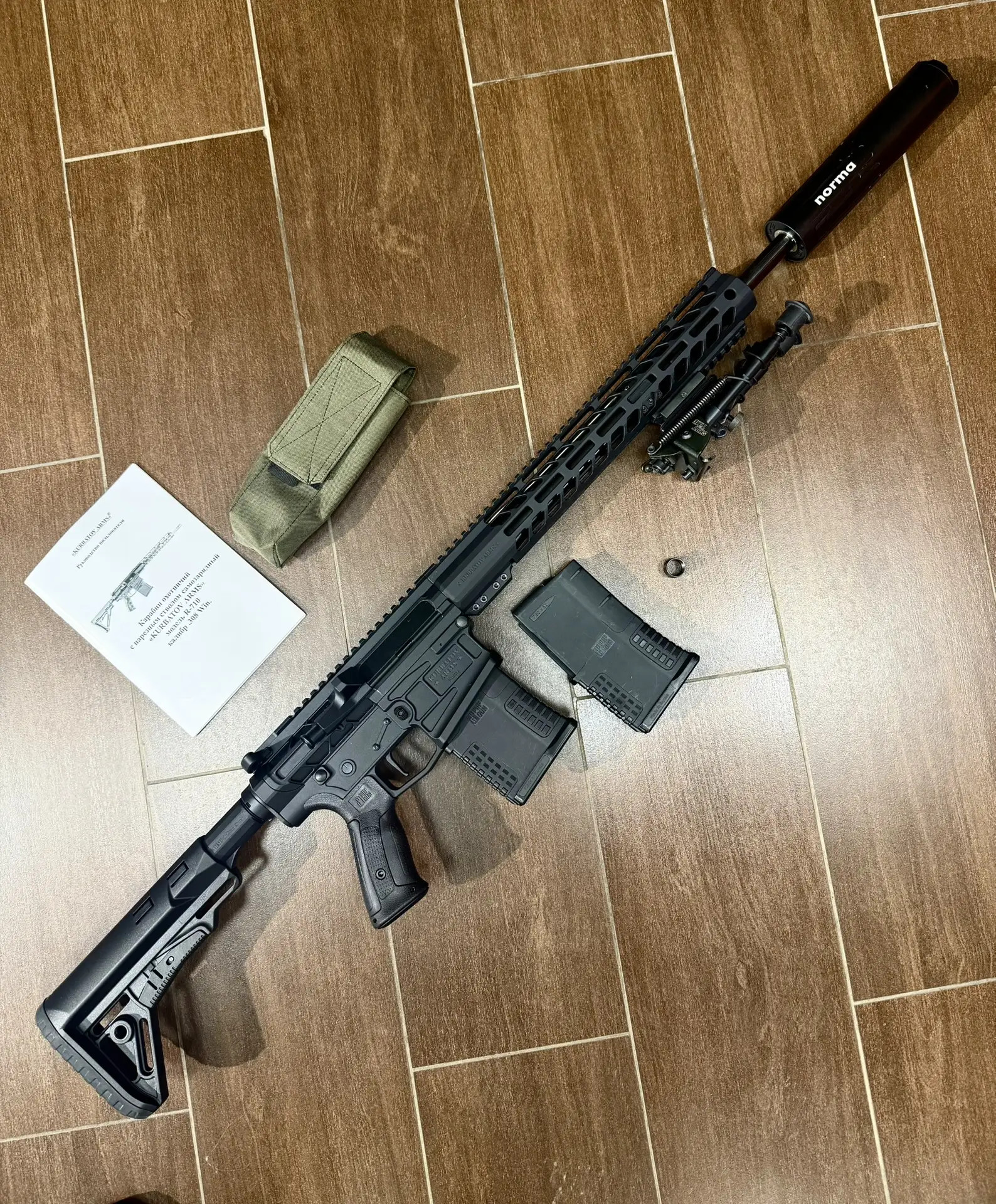 Гражданское оружие 
С нарезным стволом Kurbatov Arms R-710
Калибр 308Win, ствол 460мм, регулируемый 