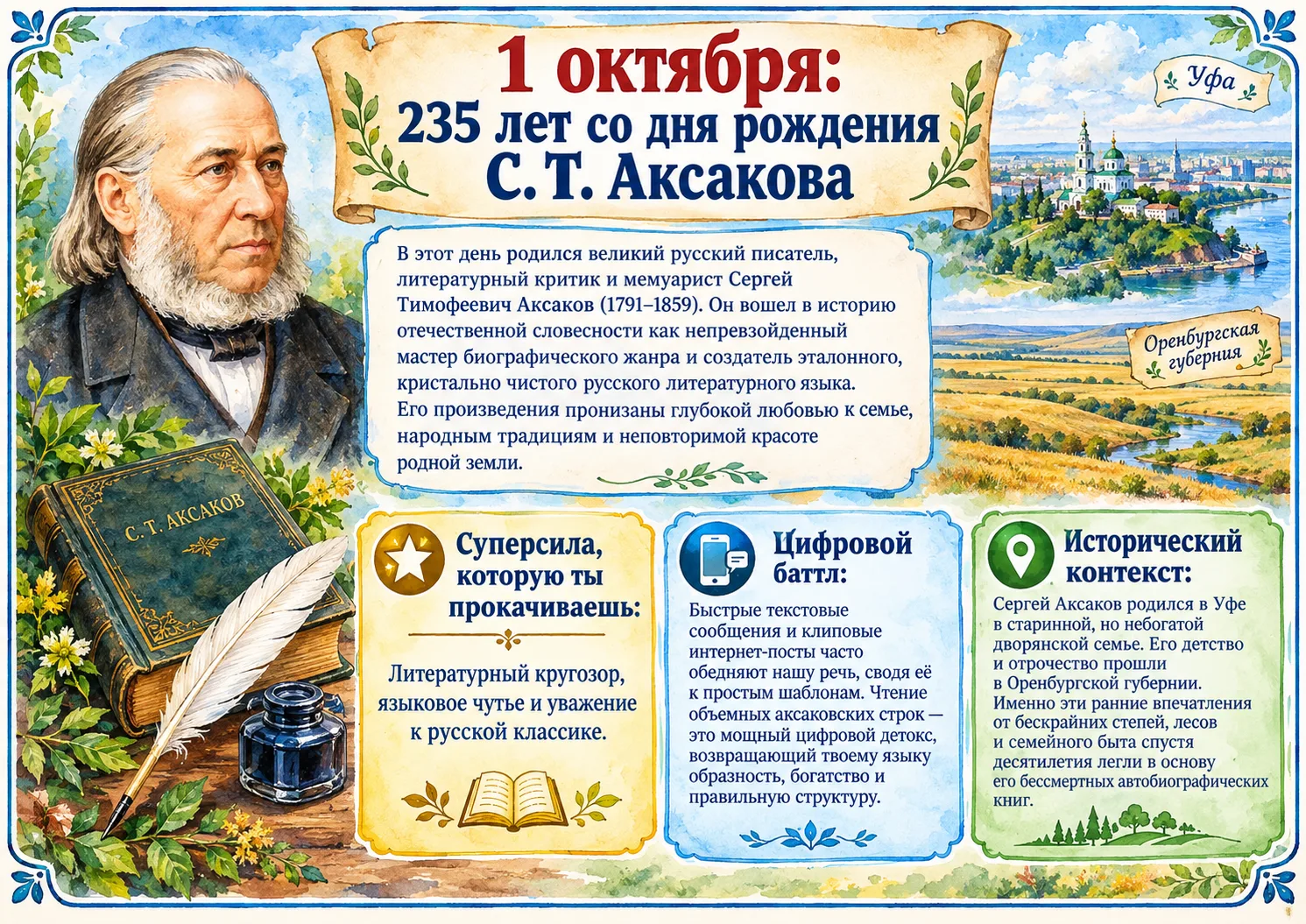 📚1 октября. 235 лет с С.Т. Аксаковым: певец живой природы и слова📙