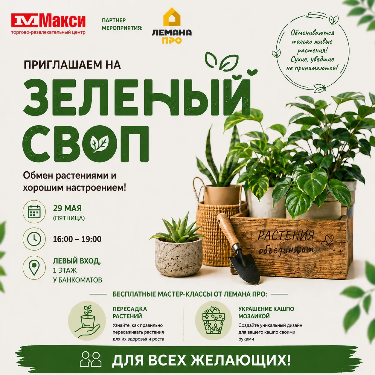 Обмен растениями и хорошим настроением🌿

29 мая в ТРЦ «Макси» пройдет «Зеленый своп» — уютная встре