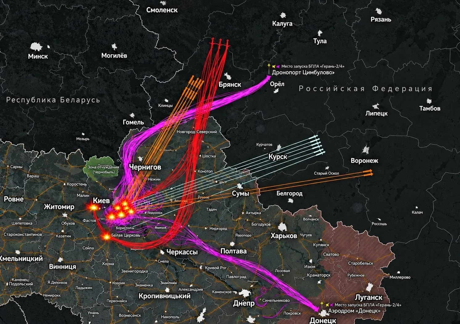 Траектория ударов по Киеву и окрестностям сегодня ночью.