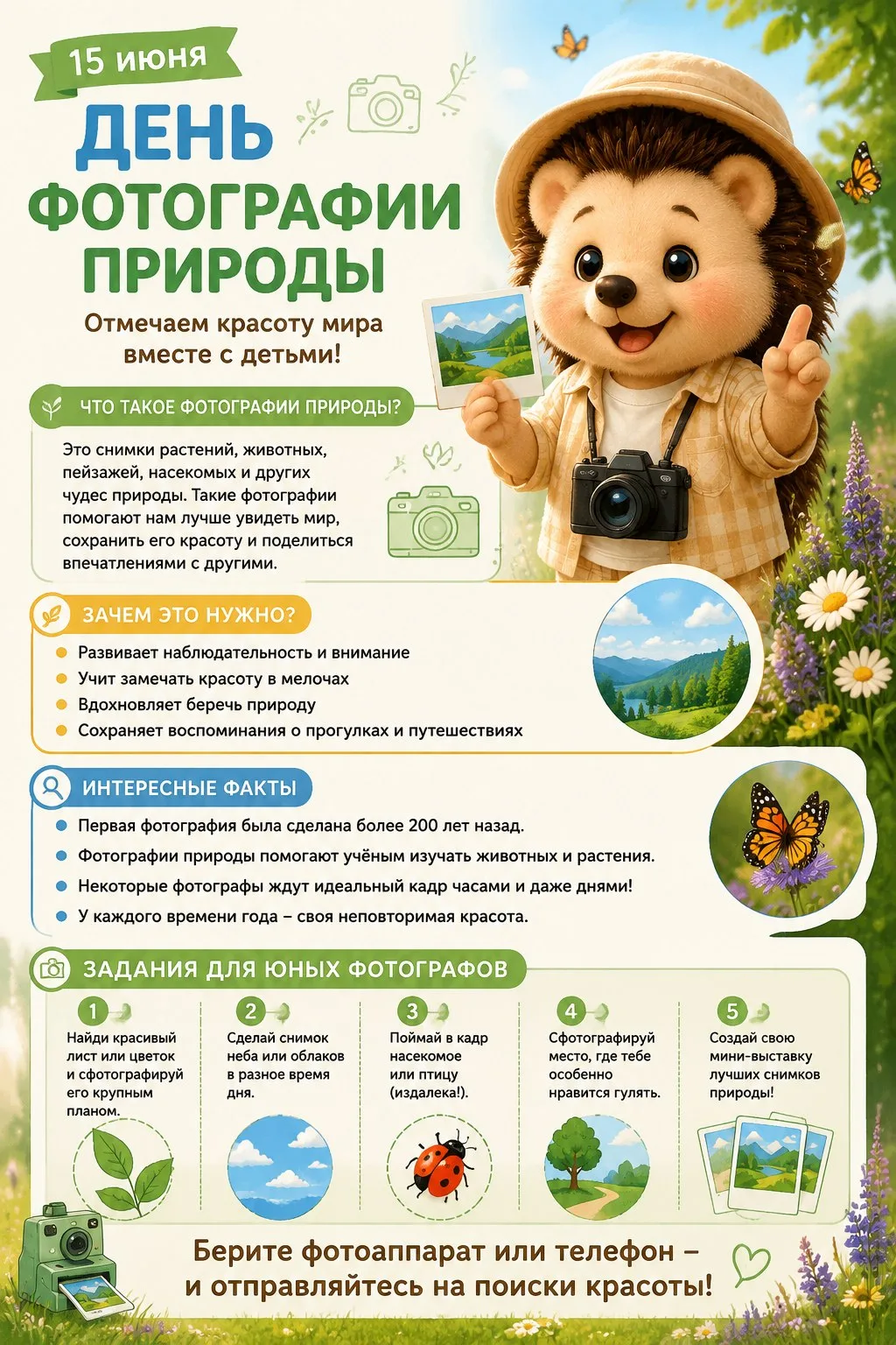 Друзья, 15 июня — День фотографии природы! 🦔✨

Наш Ёзик уже достал свой фотоаппарат и предлагает ва