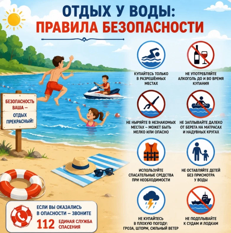 Напоминаем о правилах безопасного отдыха на воде: 

• Купайтесь только в специально оборудованных ме